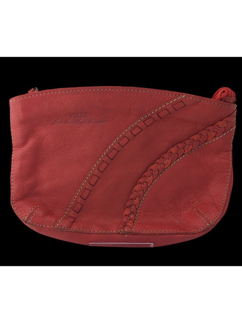 Vintage Velez Red Leather Wristlet With Braided Trim & Tassel 8.5x5 Inches